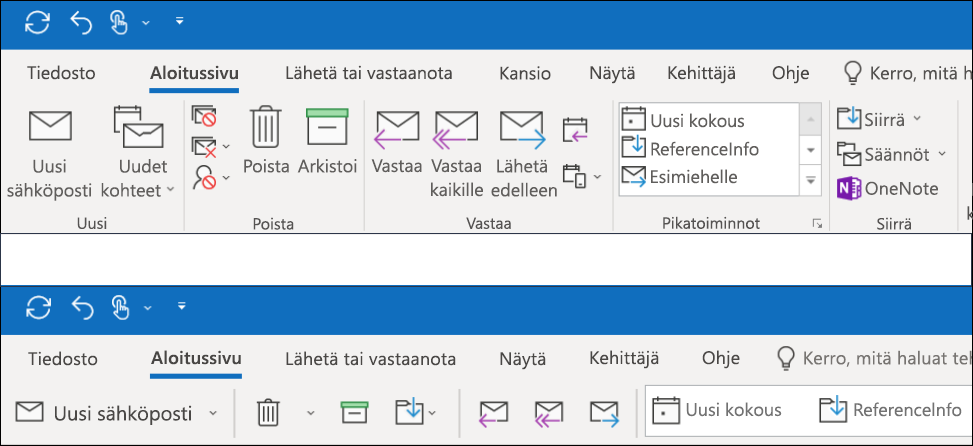 Voit nyt valita kahdesta eri valinta nauhan kohdasta Outlookissa.