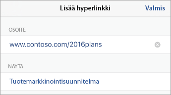 Lisää hyperlinkki -valintaikkuna, jossa näkyvät OSOITE- ja NÄYTTÖ-kentät.