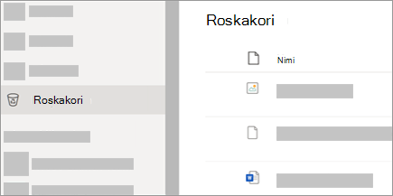 Näyttökuva, jossa näkyy Roskakori-välilehti OneDrive.com-sivustossa.