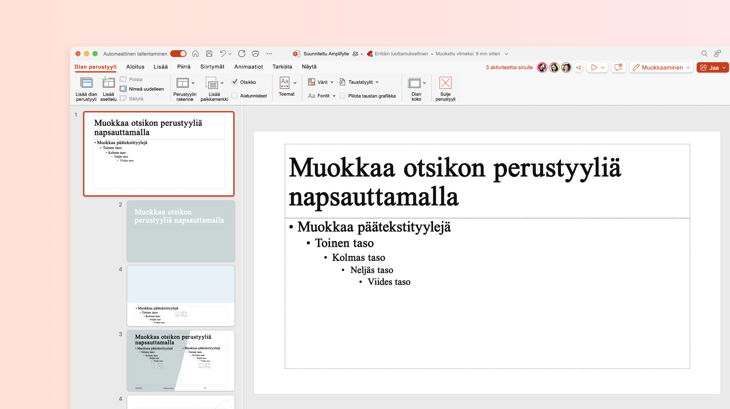 Näyttökuvassa näkyy dian perusmuoto PowerPoint-mallissa.