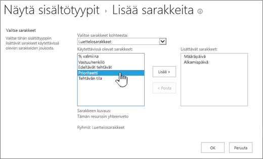 Lisää sarakkeita-sivu, jossa käytettävissä oleva sarake on korostettuna