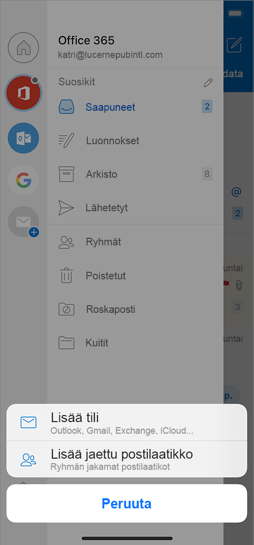 Outlookin näyttö, jossa näkyy Lisää jaettu postilaatikko -komento