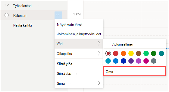 Mukautettu Outlookin verkkokalenterin värivalinta