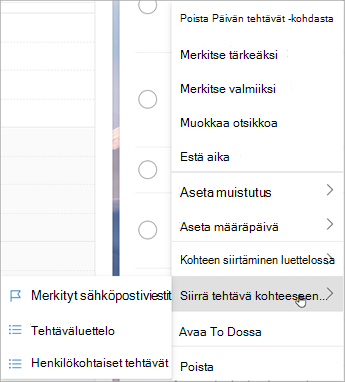 Paina pitkään (tai napsauta hiiren kakkospainikkeella) pikavalikkoa. Valitse Siirrä tehtävät kohteeseen ... ja valitse luettelo, johon haluat siirtää tehtävän.