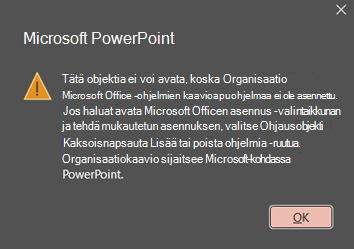 Kuva PowerPoint-virheestä: "Tätä objektia ei voi avata, koska Microsoft Office -ohjelmien organisaatiokaavioapuohjelmaa ei ole asennettu."