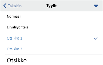 Tyylit-valintaikkuna, jossa Otsikko 1 on valittuna.