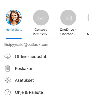 Näyttökuva siirtymisestä tilien välillä iOS:n OneDrive-sovelluksessa