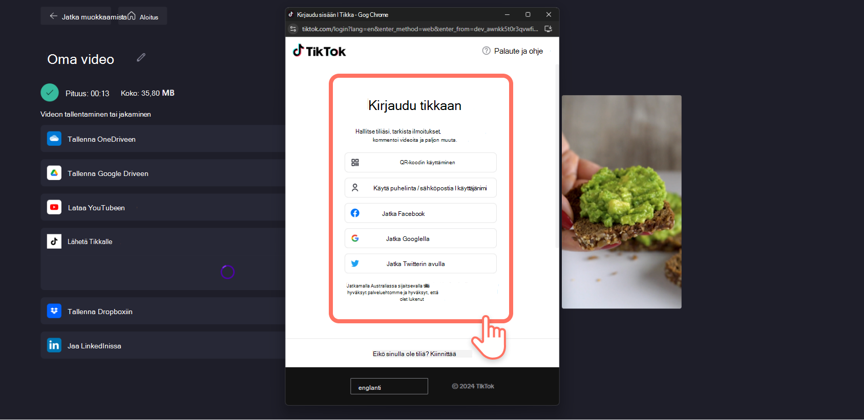 Näyttökuva Clipchamp käyttäjästä kirjautumassa TikTokiin integroinnin ponnahdusikkunasta.