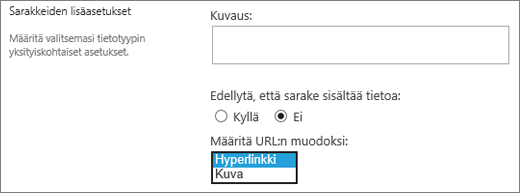 Kuva/Hyperlinkki-sarakkeen vaihtoehdot