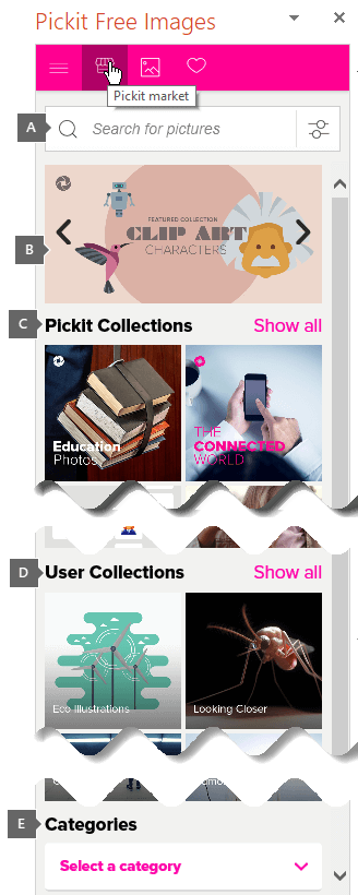 Pickit Free Images -tehtäväpaneelissa on hakuruutu ja selattavat kokoelmat