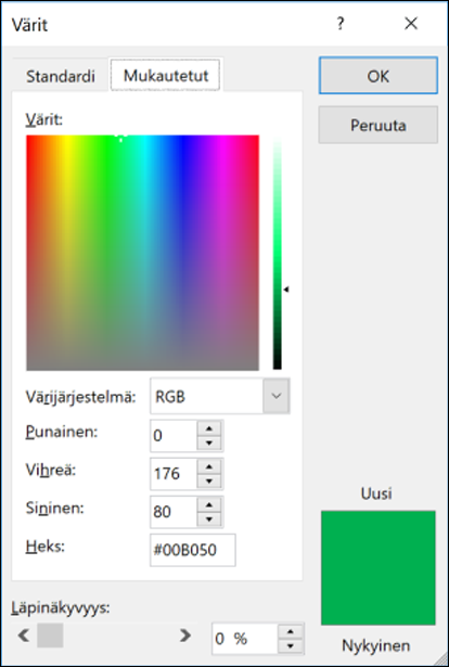 Värinvalitsin Office-sovelluksissa. RGB-kenttien alla on uusi kenttä heksaväriarvon syöttämistä varten.