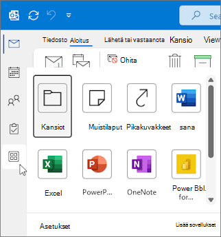 Lisää sovelluksia -pikavalikko Outlook for Windowsissa.