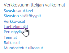 Luettelomallien linkki Sivun asetukset -sivulla