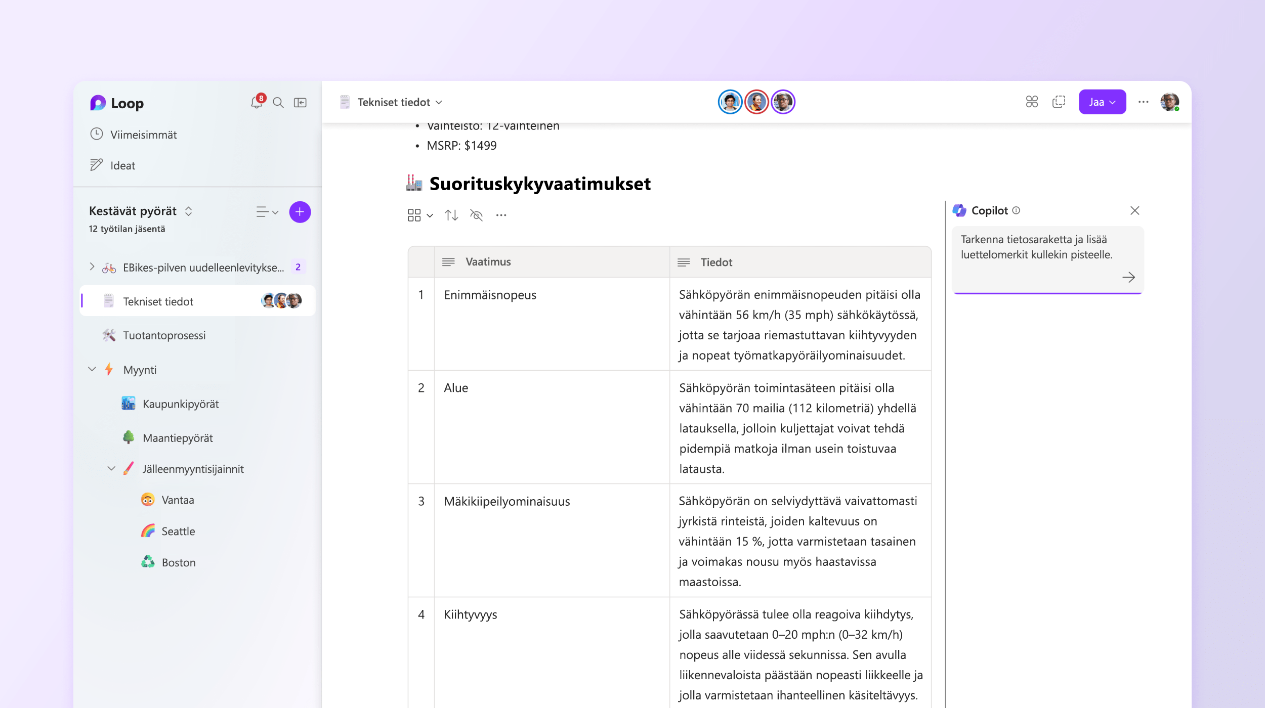 Näyttökuvassa Copilot in Loop muokkaa tietoja.