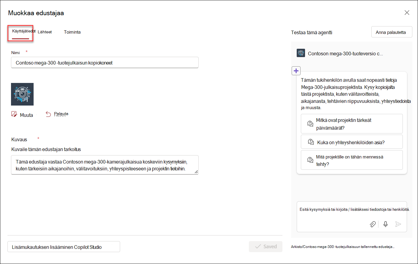näyttökuva Copilot-agentin muokkaamiseen käynnistävästä käyttöliittymästä