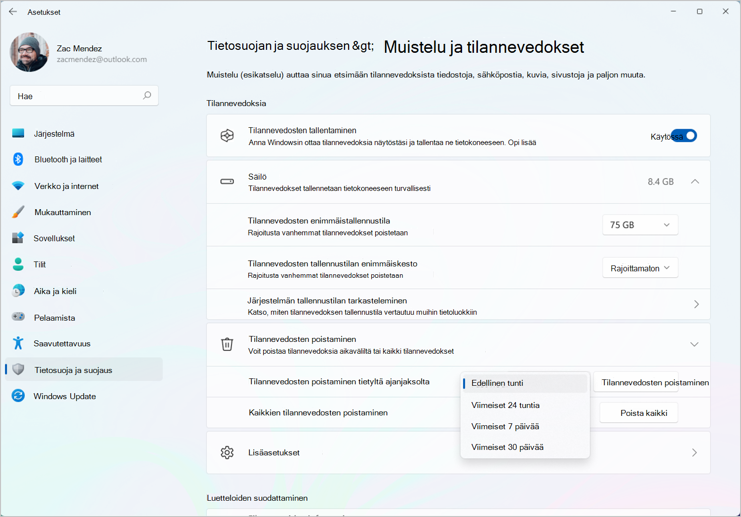 Näyttökuva Windowsin asetusten Muistelu & tilannevedossivun tallennusasetuksista