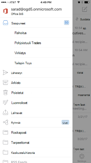 Näyttää Outlook-sovelluksen, jossa Saapuneet-kansio on luettelon yläreunassa ja Ryhmät-vaihtoehto luettelossa alempana.