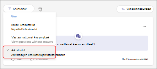 Näyttökuva avattavasta Q&A -suodattimen valikosta, jossa arkistoitu näkyy korostettuna.