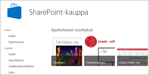 Kuva SharePoint-kaupan sovellusvalikoimasta