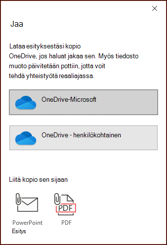 Windowsin jakovalintaikkuna PowerPoint ladata tiedoston Microsoftin pilvipalveluun, jotta voit jakaa sen saumattomasti.