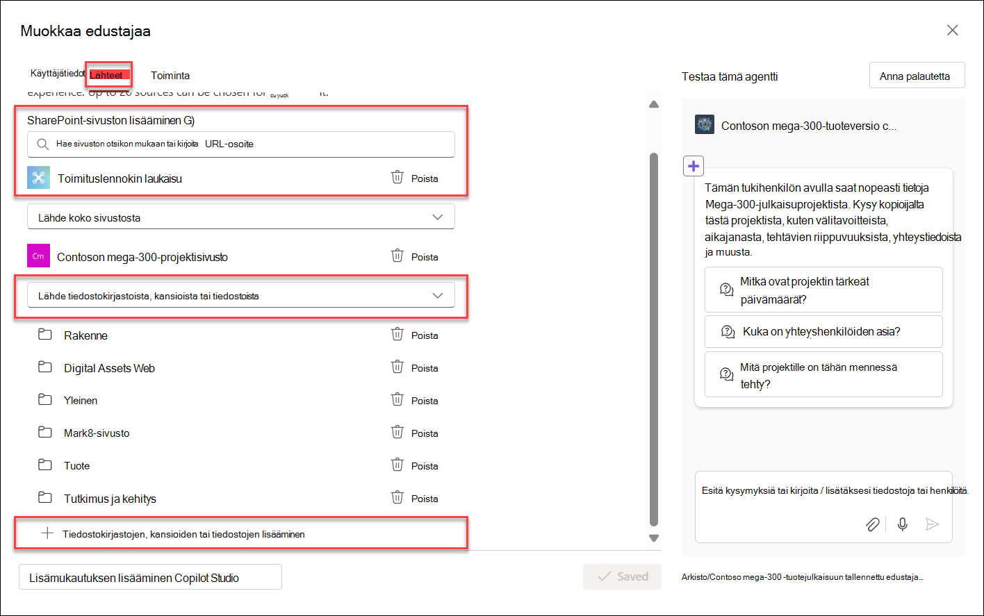 Näyttökuva tietoresurssien lisäämisestä Copilot-agentille