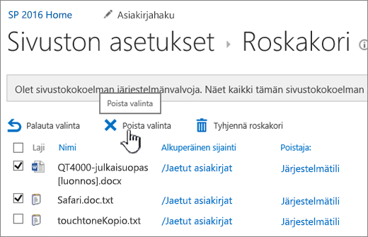 SharePoint 2016:n Roskakori-sivun Poista-painike korostettuna