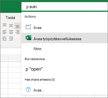 Avaa Excel työpöytäsovelluksessa -valinta