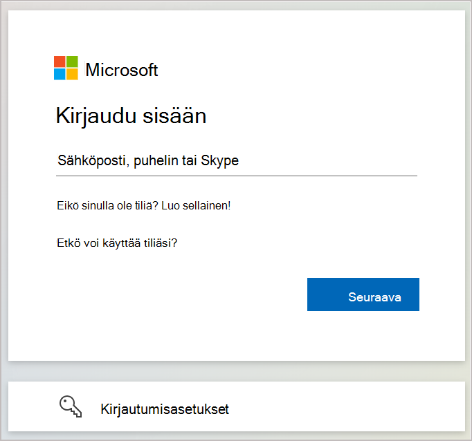 Näyttökuva, jossa näkyy kirjautumisvalintaikkuna, johon kirjoitat Microsoft-tiliisi liitetyn sähköpostiosoitteen tai puhelinnumeron.