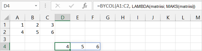 Ensimmäinen esimerkki BYCOL-funktion käytöstä