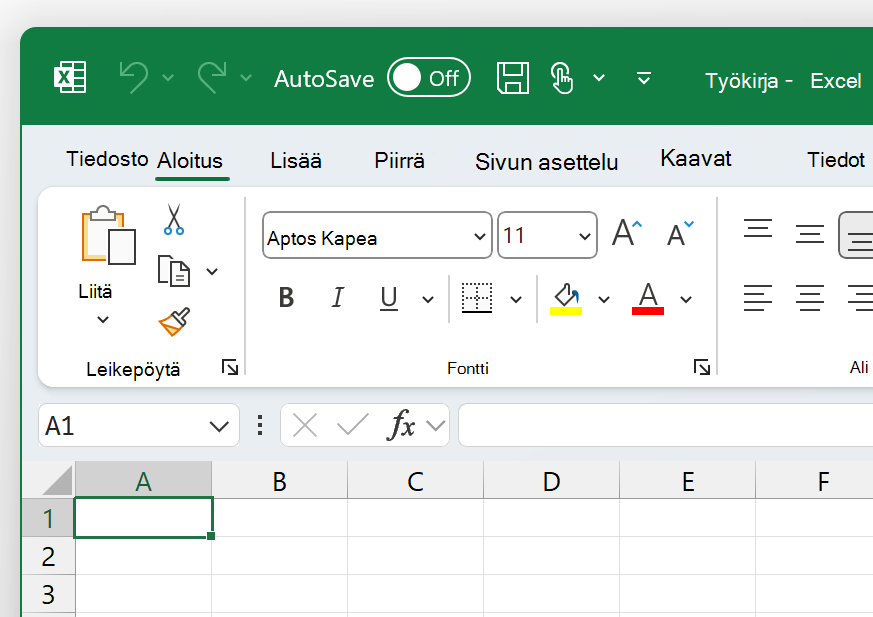Näyttökuva Excelin vasemmasta yläkulmasta värikkäässä teemassa