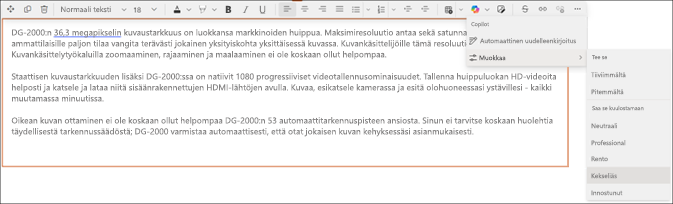 Esimerkki ehdotetun tekstin sävyn muuttamisesta SharePointin Copilotissa - ennen