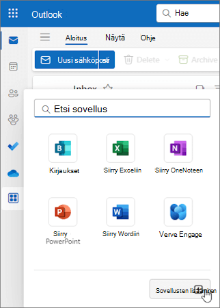 Lisää sovelluksia -pikavalikko Outlookin verkkoversio ja uudessa Outlook for Windowsissa.