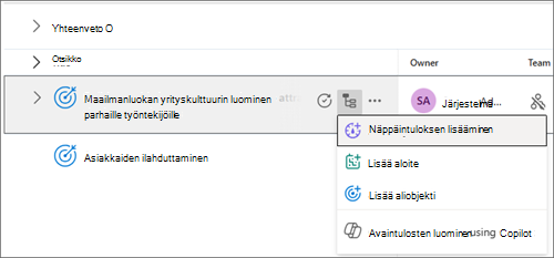 Näyttökuva tavoitteesta, jossa Lisää avaintulos on valittuna.