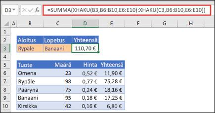 Kahden valinnan välissä olevan arvoalueen laskeminen yhteen XHAKU-funktion ja SUMMA-funktion avulla