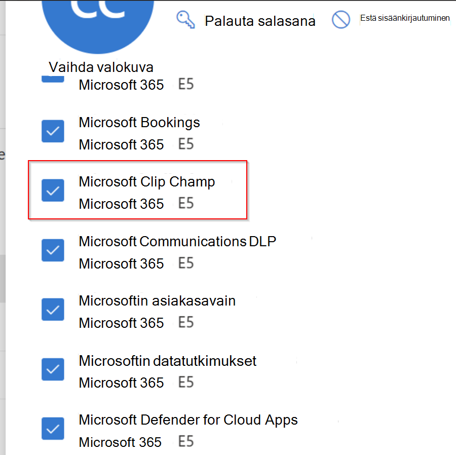 Clipchamp näkyy palveluna Microsoft 365 -organisaation käyttäjälle määritettyjen sovellusten ja käyttöoikeuksien luettelossa