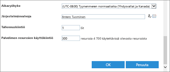 Uusi sivustokokoelman valintaikkuna, jossa on aikavyöhykkeen ja kiintiöiden osa.