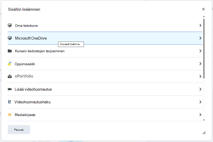 Upota OneDrive-tiedosto Brightspace Editoriin Lisää sisältöä -valikon avulla.