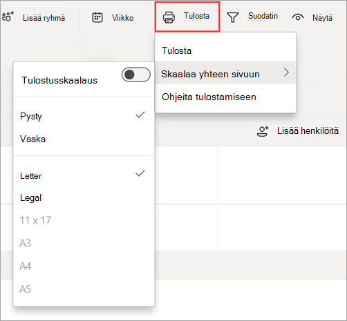 Näyttökuva, jossa näkyy Tulosta-vaihtoehto Vuorot-kohdassa aikataulun tulostamiseksi.