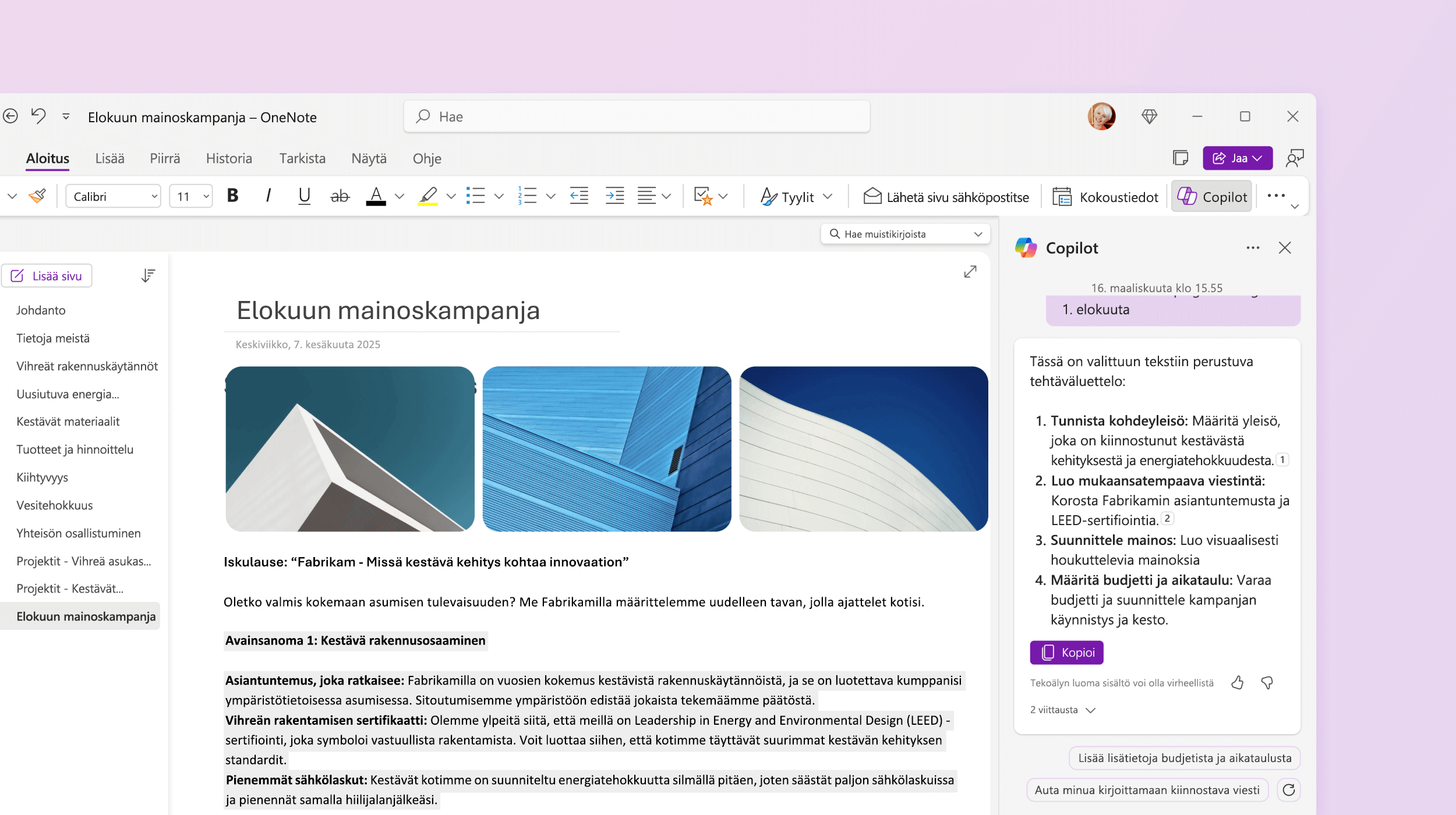 Näyttökuvassa OneNote Copilot tekee tehtäväluettelon.