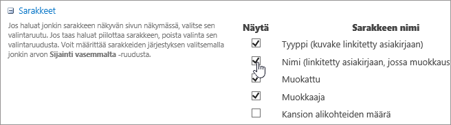 Sarakkeiden valinta