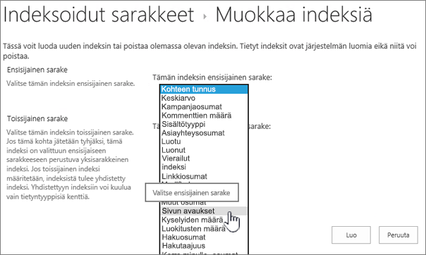 Muokkaa indeksisivua ja avattavasta sarakkeesta valittu sarake