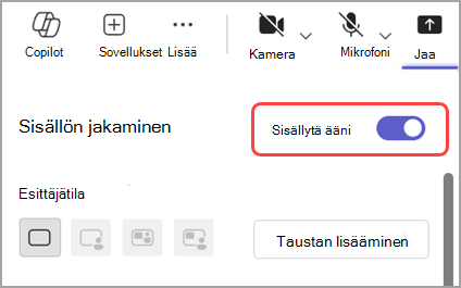 Ota Käyttöön Sisällytä ääni -vaihtopainike, jos haluat jakaa äänen jaettavasta ikkunasta.