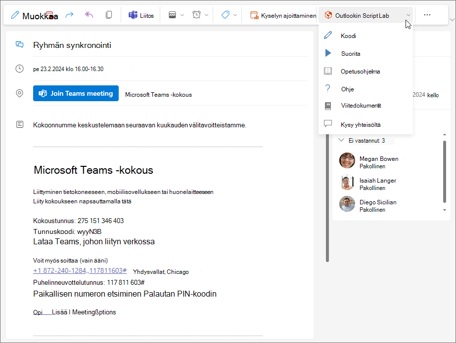 Esimerkki apuohjelmasta, jota käytetään kokouksesta Outlookin verkkoversio ja uudessa Outlook for Windowsissa.