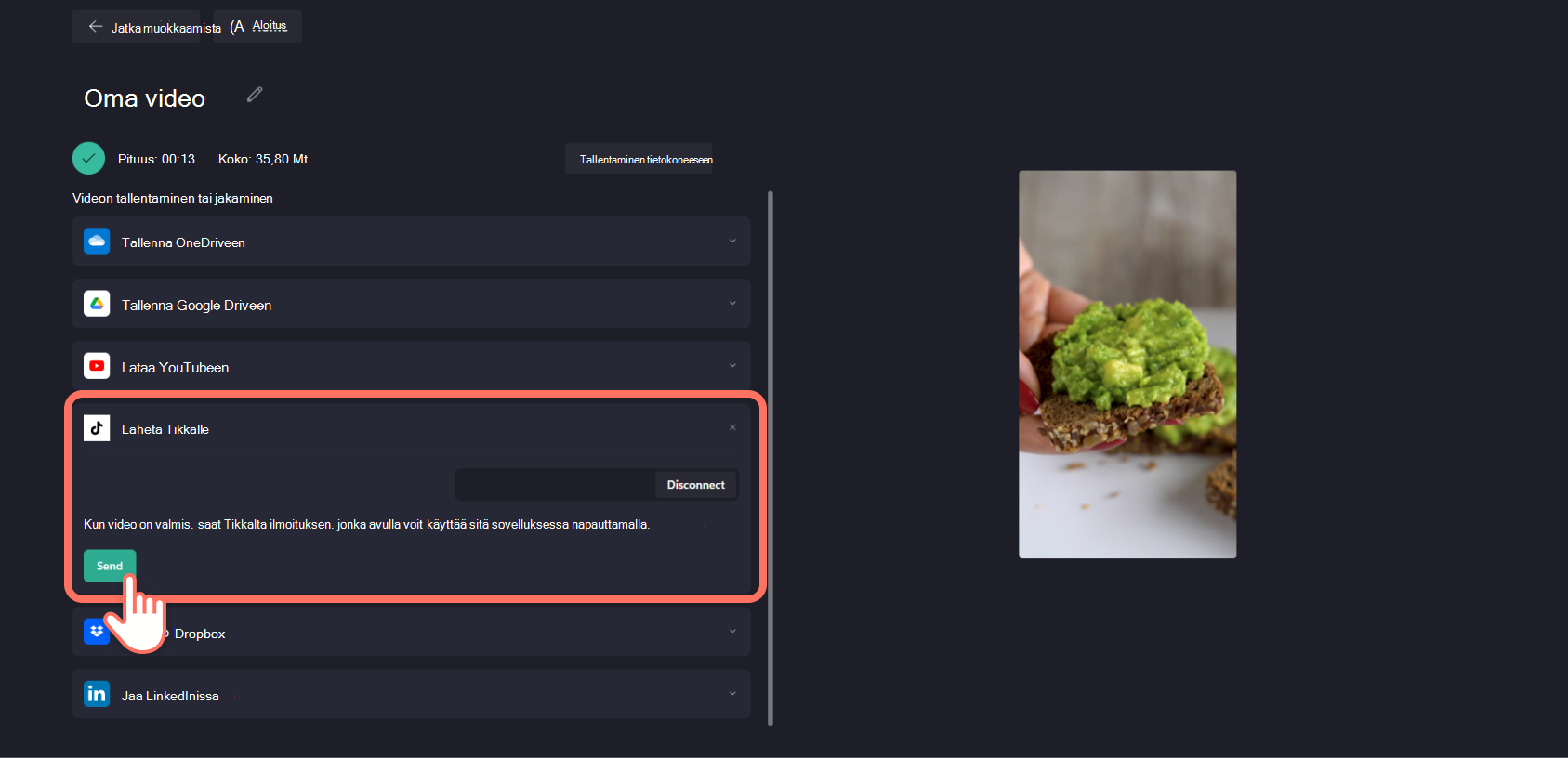 Näyttökuva Clipchamp käyttäjästä, joka napsauttaa Lähetä-painiketta TikTokin yhdistämisen jälkeen.