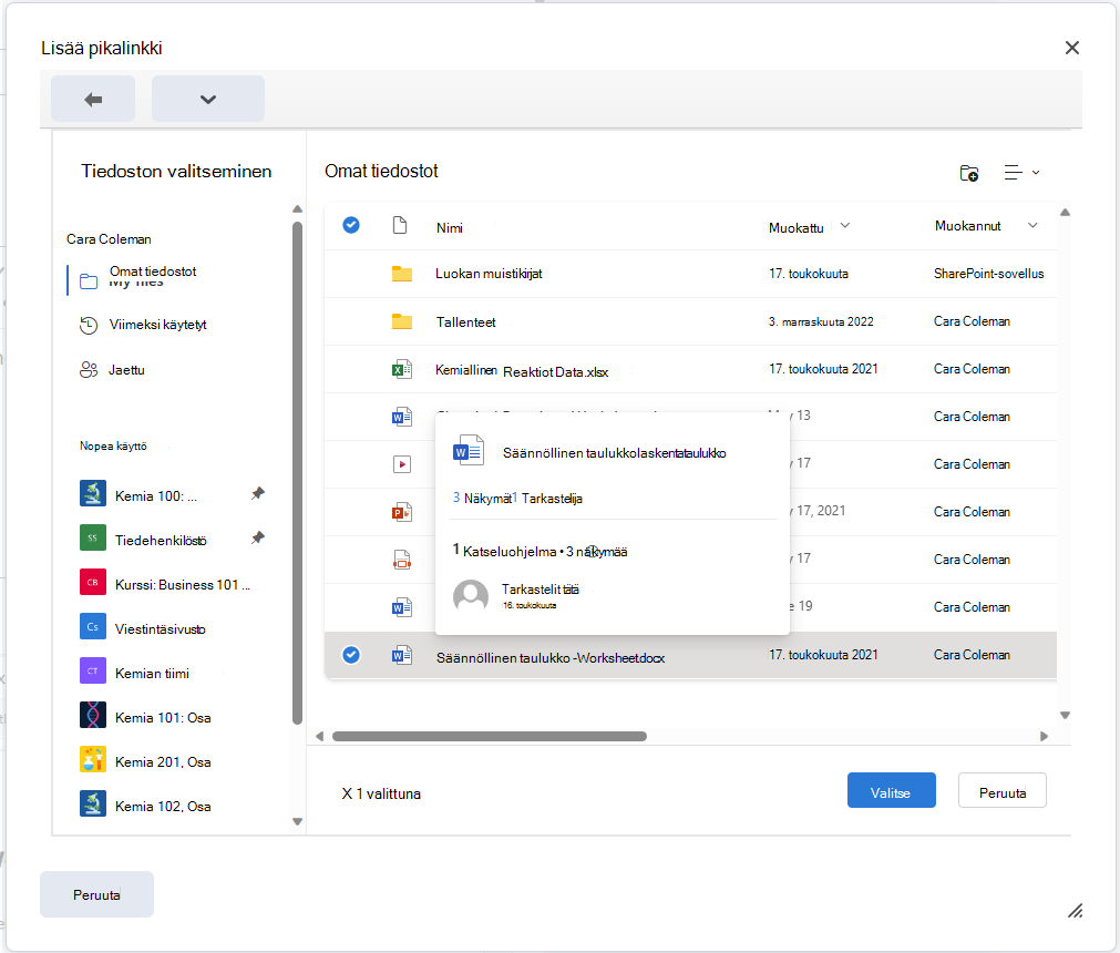 Upota OneDrive-tiedosto Brightspace Editoriin Lisää pikalinkki -painikkeella.