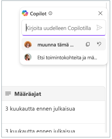 Näyttökuva, jossa näkyy Loop Copilot -kehotehistoria, jossa on mukana kaksi tiimitoveria