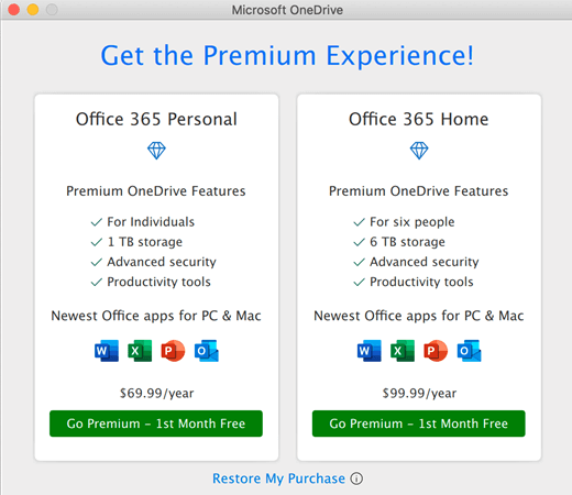 Näyttökuva OneDriven Hanki Premium Experience -valintaikkunasta