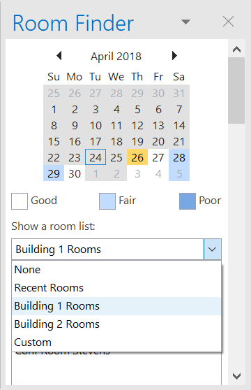 Huoneenhaun avulla voit tarkastella kokoushuoneita, jotka ovat käytettävissä kokouksessasi.