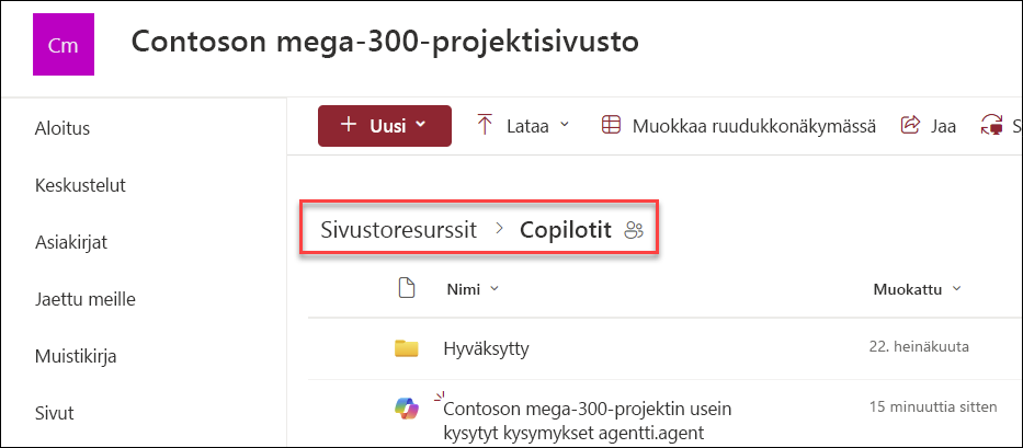 näyttökuva Copilot-agenttien tallennuspaikasta, jos ne luodaan aloitussivulta