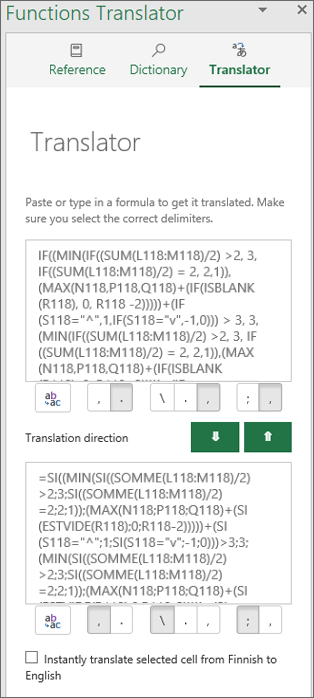Functions Translator -kääntäjäruutu, jossa funktio on käännetty englannista ranskaan